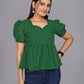 Flaired Hakoba Top With Ballon Sleeves(Bottle Green)