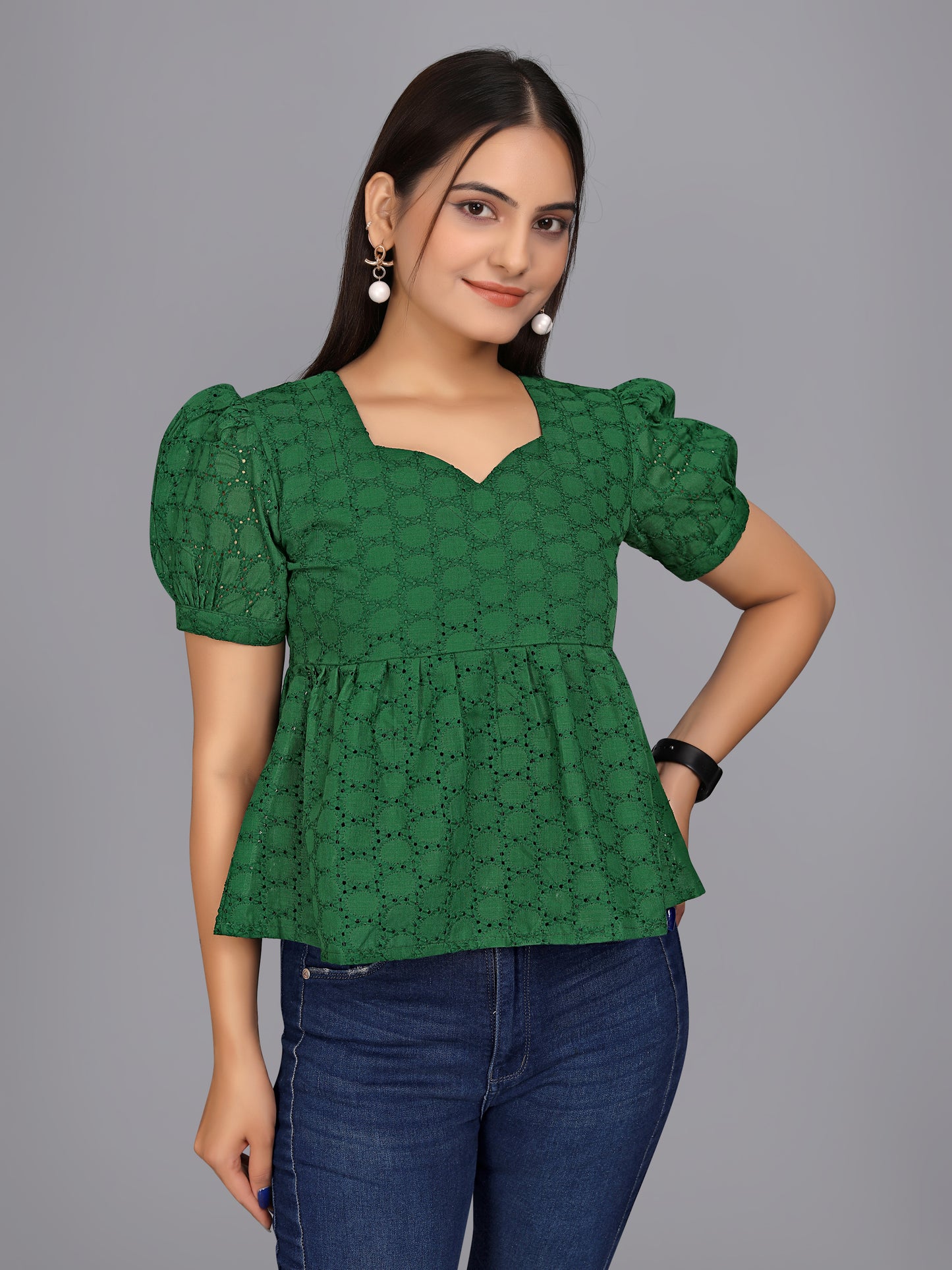 Flaired Hakoba Top With Ballon Sleeves(Bottle Green)