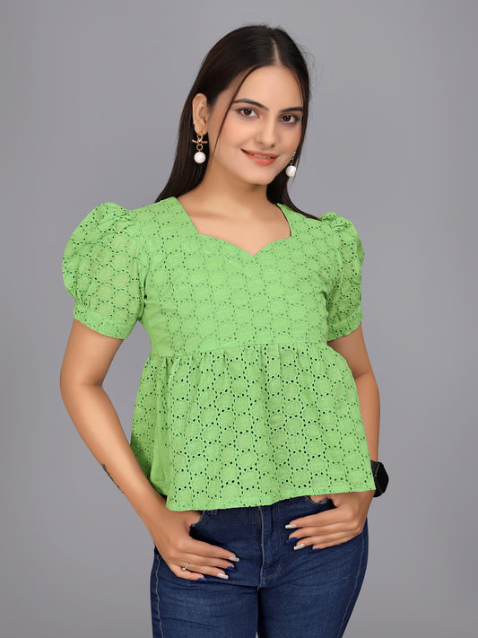 Flaired Hakoba Top With Ballon Sleeves(Pista)