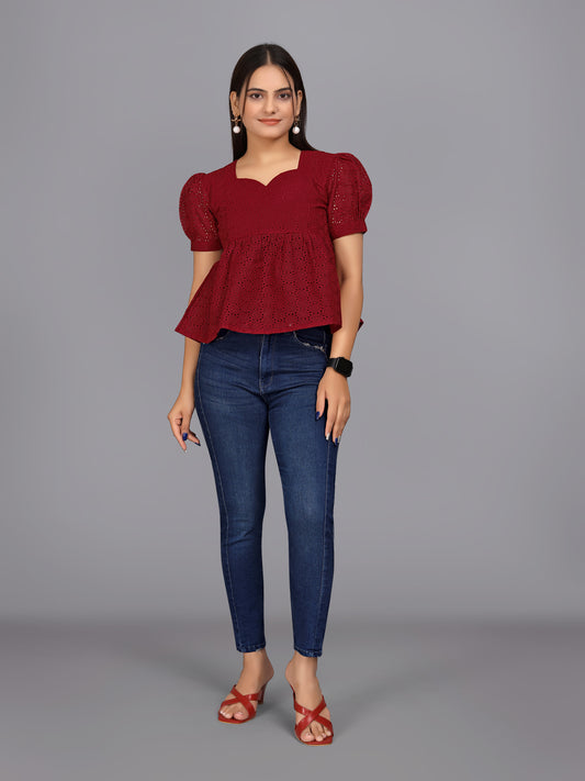 Flaired Hakoba Top With Ballon Sleeves(Maroon)