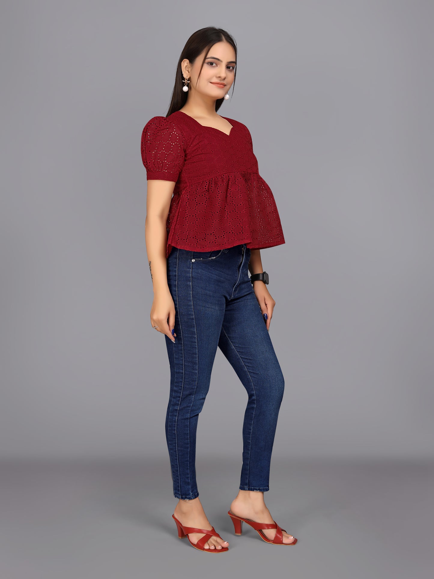 Flaired Hakoba Top With Ballon Sleeves(Maroon)