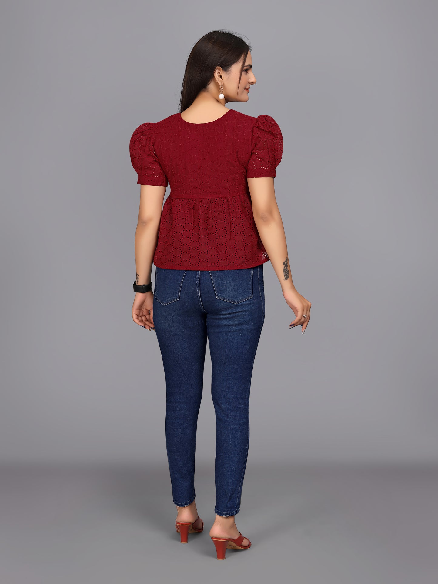 Flaired Hakoba Top With Ballon Sleeves(Maroon)