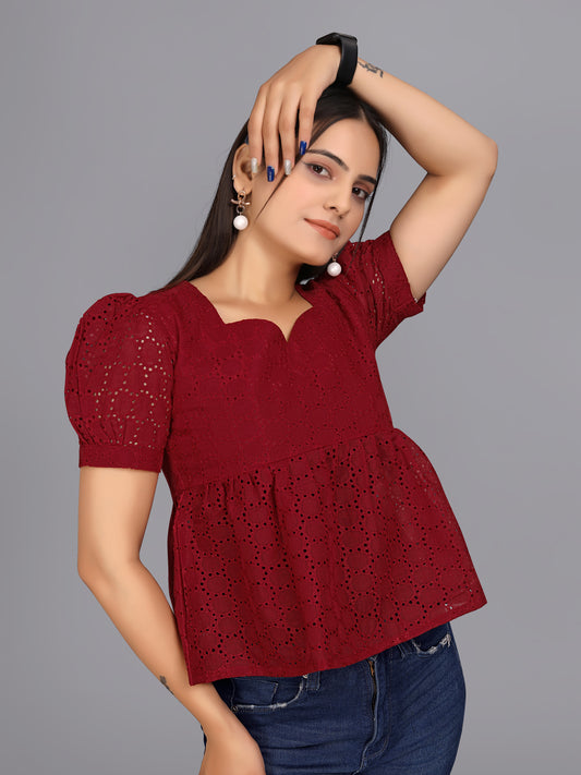 Flaired Hakoba Top With Ballon Sleeves(Maroon)