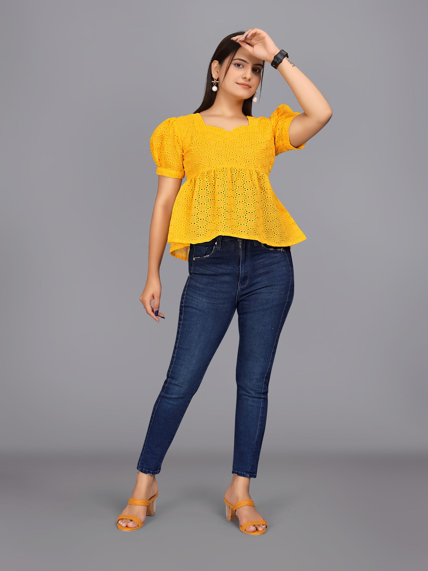 Flaired Hakoba Top With Ballon Sleeves(Yellow)