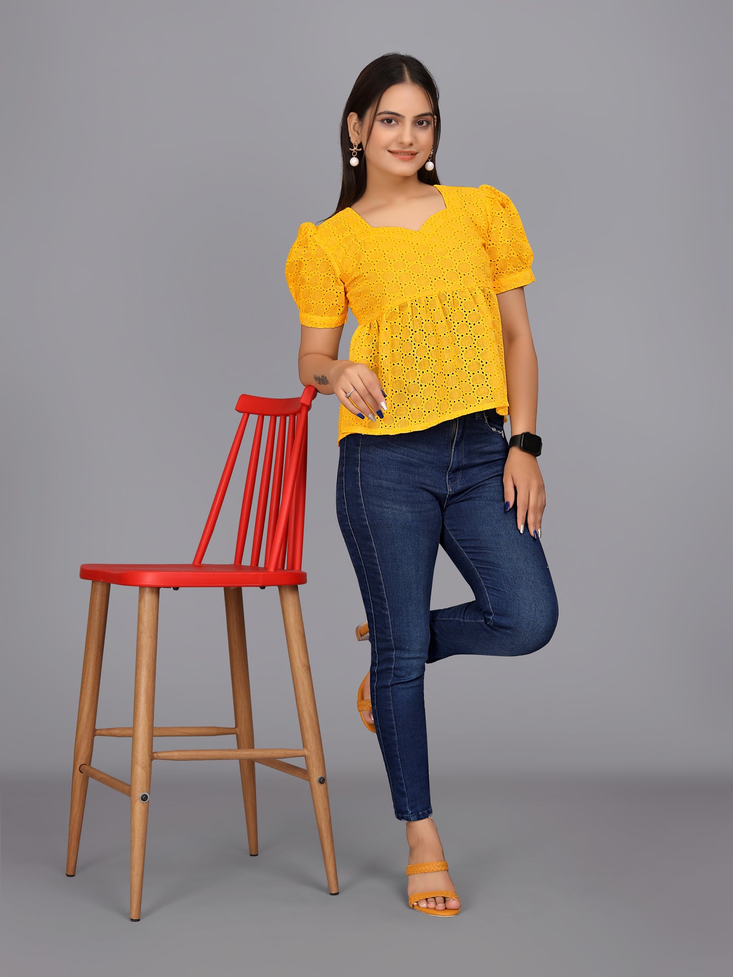 Flaired Hakoba Top With Ballon Sleeves(Yellow)