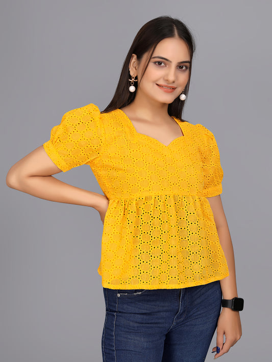 Flaired Hakoba Top With Ballon Sleeves(Yellow)