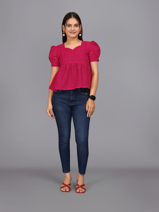 Flaired Hakoba Top With Ballon Sleeves(Pink)