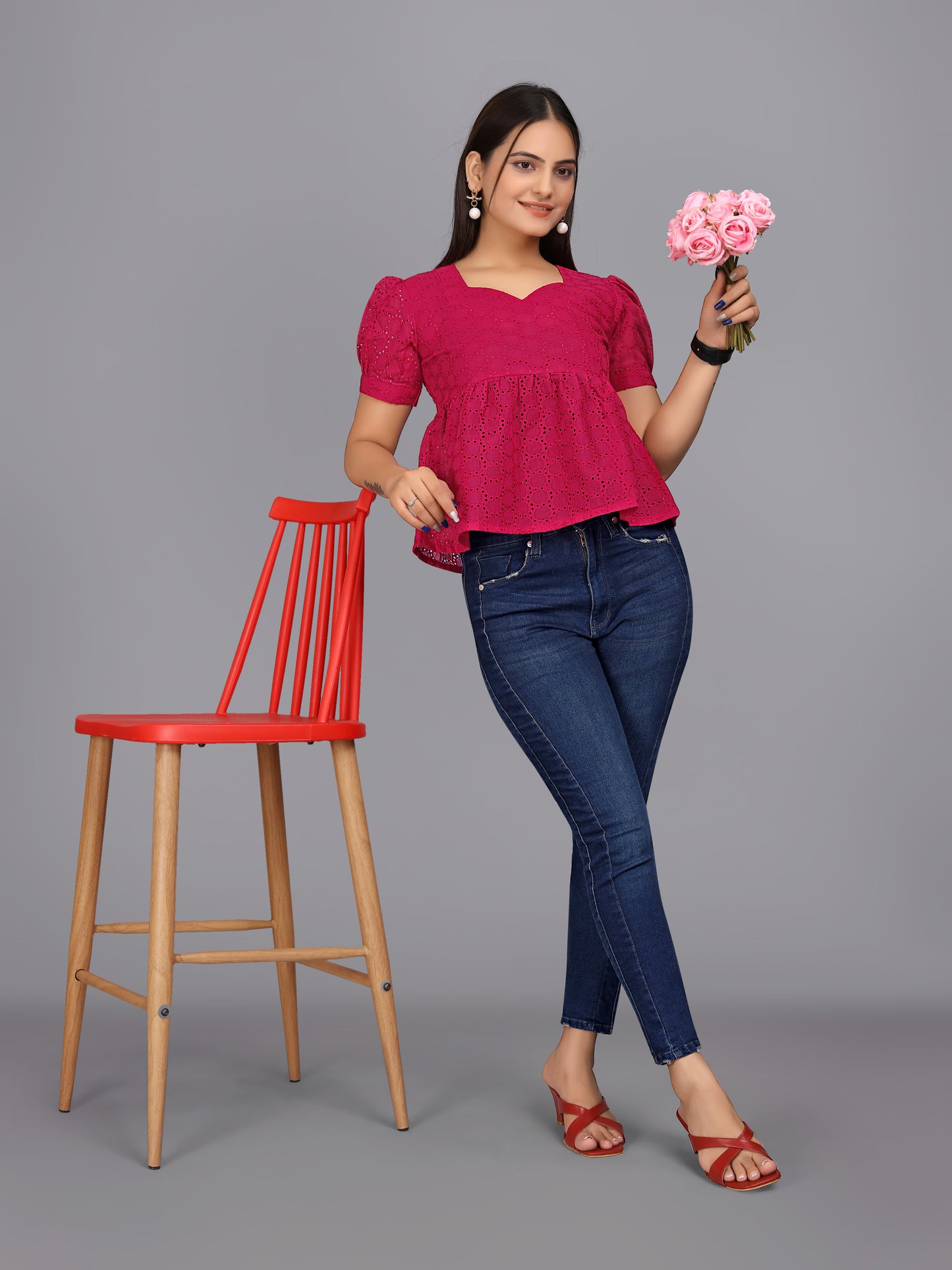 Flaired Hakoba Top With Ballon Sleeves(Pink)