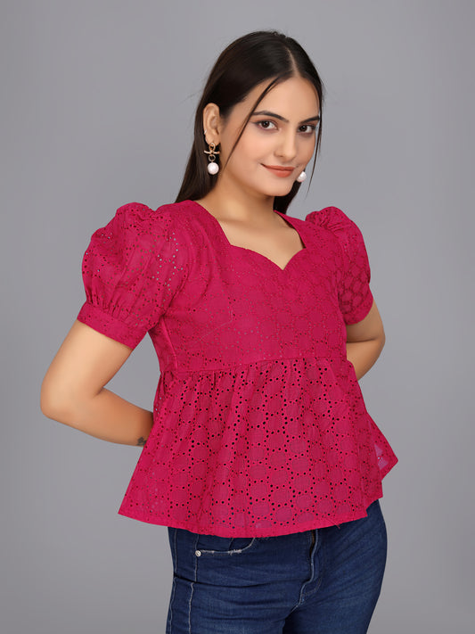 Flaired Hakoba Top With Ballon Sleeves(Pink)