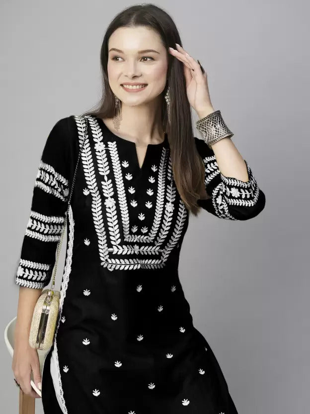 Women's Cotton Slub Blend Machine Chikankari Embroidery Work Black Straight Kurta (Black)